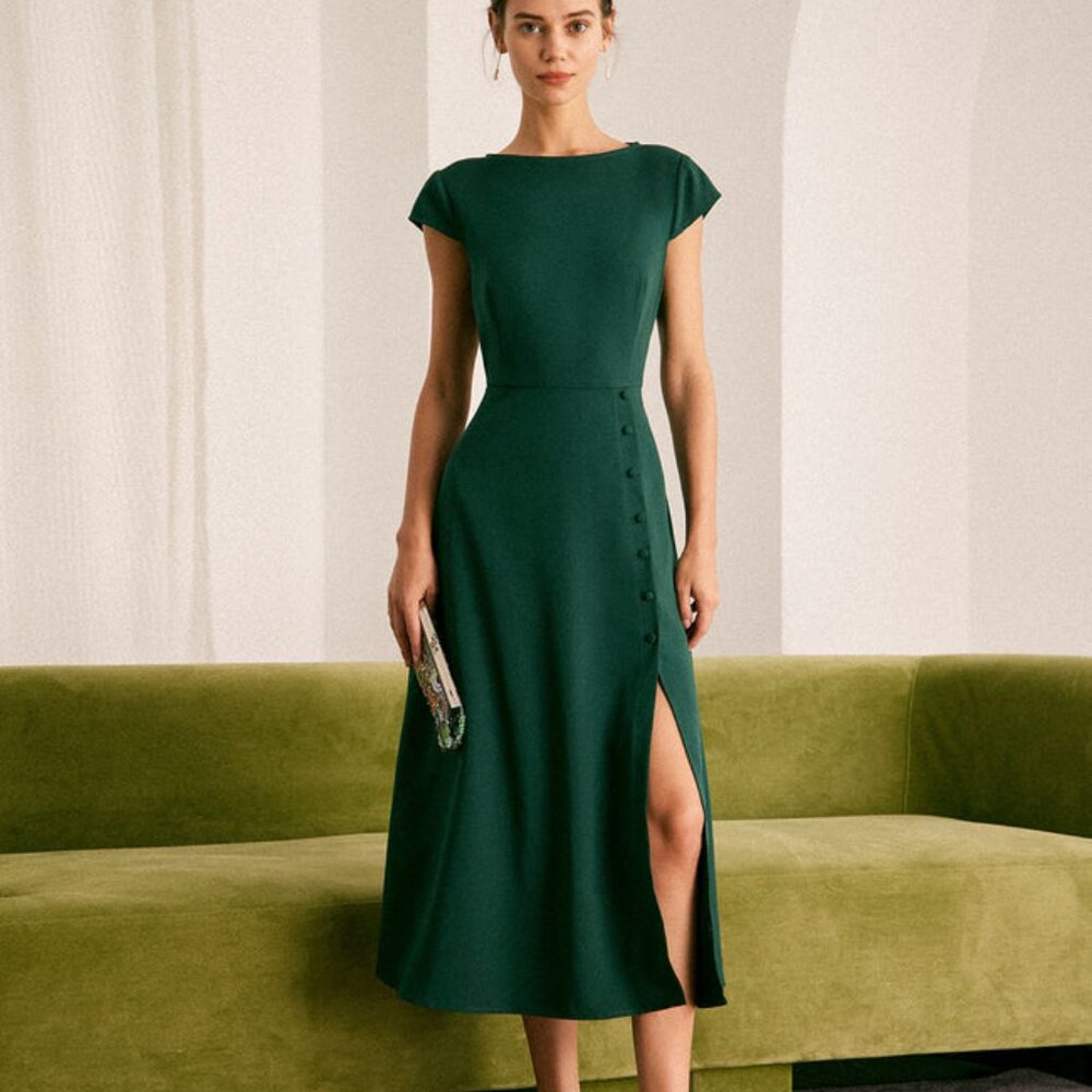 The Green Boat Neck Cutout Back Midi Dress